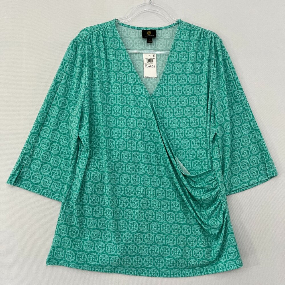 New JM Collection Top size XL Green Geometric Stretch Knit Wrap Elegant Office